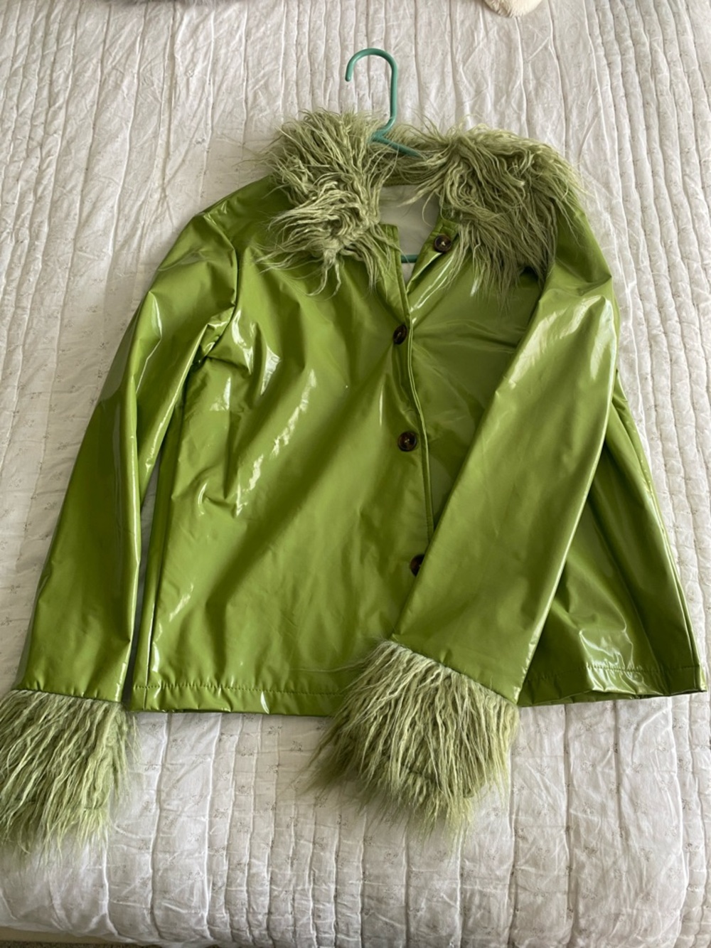 Green faux fur and faux pleather jacket